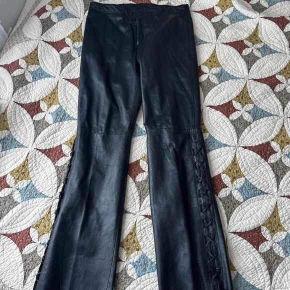 Vintage black 100% leather Ambition NY bootcut pants w lace up sides size 36”